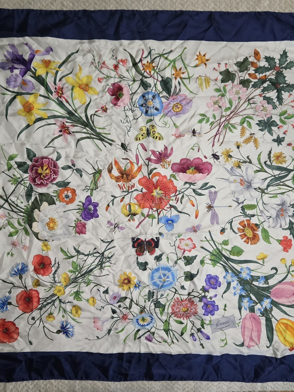 Vintage Gucci Flora Silk Scarf V. Accornero Flowers Insects Navy Blue Border